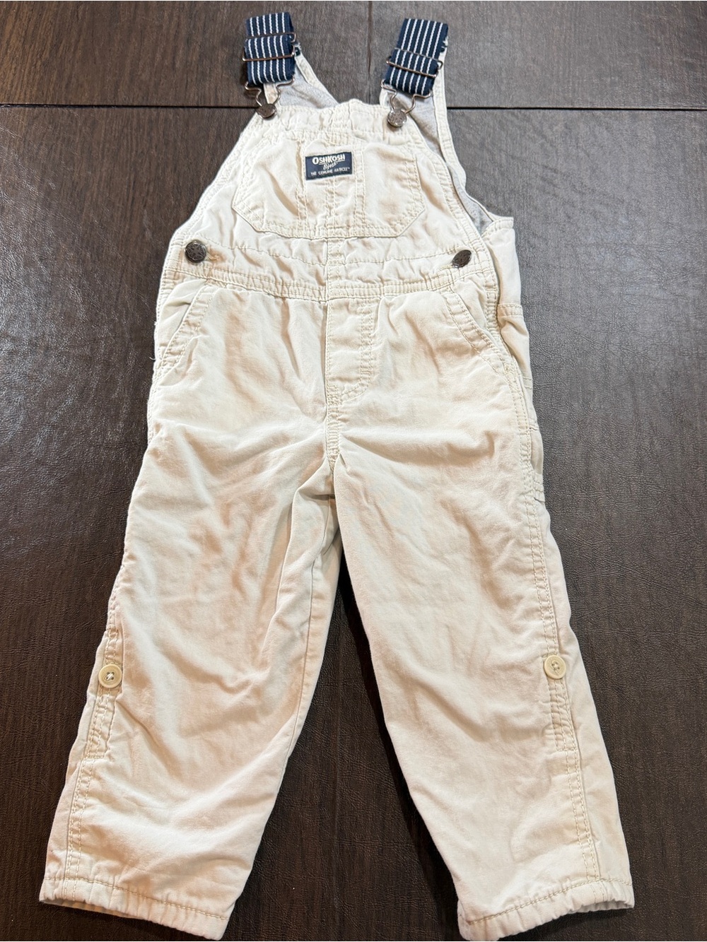 OshKosh B'gosh Vestback Cream Overalls with Navy Striped Straps Sz 2T